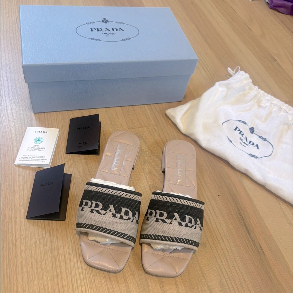 Prada Beige/Black Logo Print Canvas Flat Slides 36.5